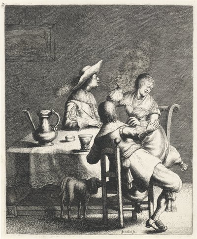 Fumeur soufflant de la fumée vers une femme (Geur) (De vijf zintuigen) - Jan Gillisz. van Vliet