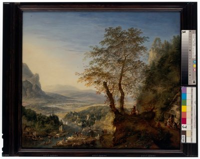 Un vaste paysage fluvial avec des bateaux amarrés, des groupes de figures et une armée en marche - Jan Griffier