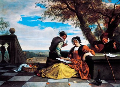 Deux hommes et une jeune femme jouant de la musique sur une terrasse - Jan Havicksz. Steen