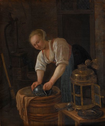 Femme récurant des ustensiles en métal - Jan Havicksz. Steen