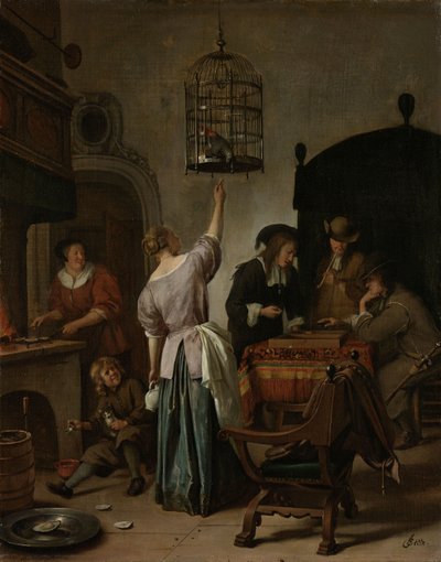 Intérieur avec une femme nourrissant un perroquet, connu sous le nom de 