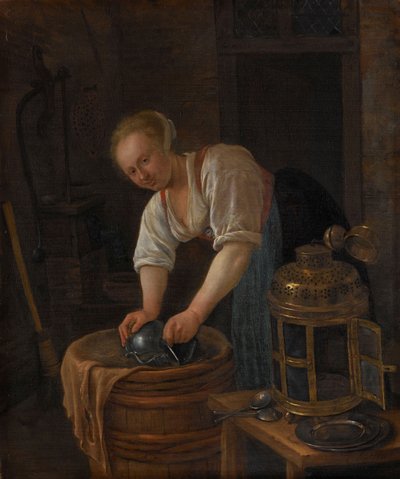 Femme récurant des ustensiles en métal, 1650-60 - Jan Havickszoon Steen