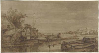Vue de canal avec ferme et bateau couché - Jan Hulswit (possibly)