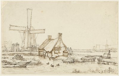 Paysage avec maisons et moulin à vent - Jan Hulswit