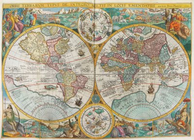 Itinerarium. Carte du monde avec costumes, indigènes, navires, plantes et animaux - Jan Huygen van Linschoten