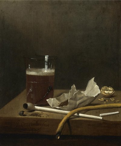 Nature morte avec un verre de bière, une pipe, du tabac et autres accessoires de fumeur, 1658 - Jan III van de Velde