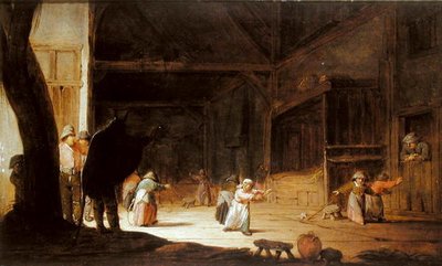 Un masqué effrayant des enfants dans une grange - Jan Jansz van Buesem