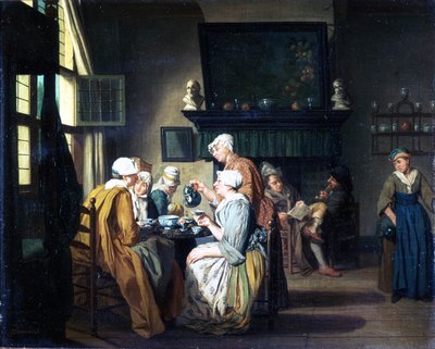 Intérieur bourgeois avec des dames buvant du thé, un homme lisant près de la cheminée - Jan Josef the Elder Horemans