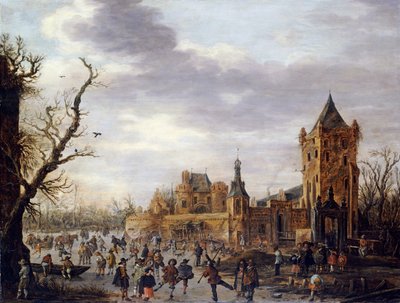 Vue du Kasteel Batestein Vianen, en hiver avec un gentilhomme, sa femme et sa suite regardant les sports d