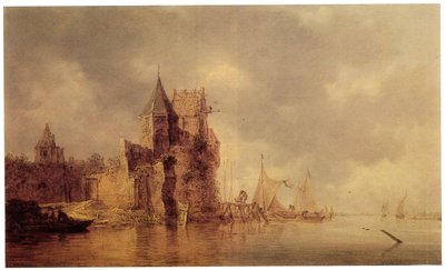 Une tour médiévale sur un rempart de château avec des navires à voile à un quai et une barque au premier plan, vers 1642 - Jan Josephsz van Goyen