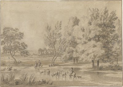 Paysage avec arbres, cavaliers et quelques vaches dans un abreuvoir - Jan Laurensz. van der Vinne