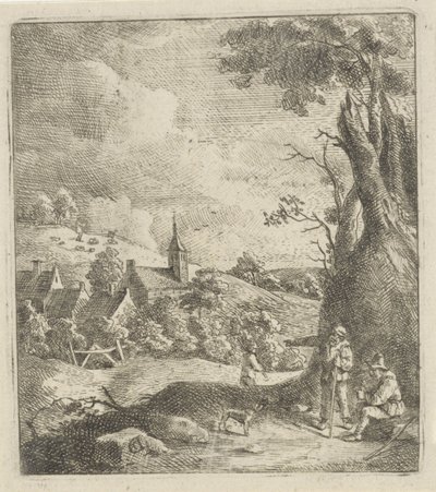 Paysage avec un village et deux hommes près d