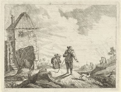 Deux paysans avec un chien sur un chemin de campagne - Jan Lauwryn Krafft (I) (possibly)