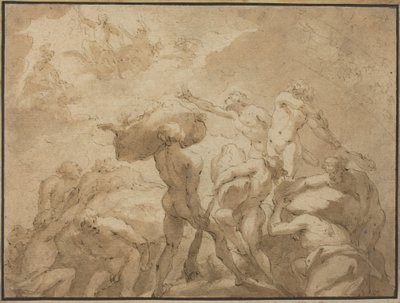 Bataille des dieux et des géants du mont Olympe et du mont Othrys (plume et encre brune avec lavis brun sur papier vergé) - Jan Luyken
