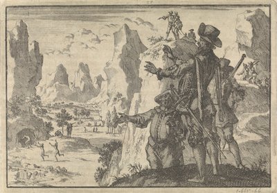 Espagnols armés regardant des hommes sauvages depuis des rochers, vers 1600 - Jan Luyken