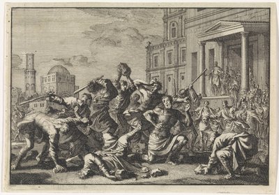 Hérode fait lapider son barbier Tryfon, Tyro et son fils pour trahison - Jan Luyken