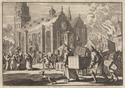 Les habitants de Spire apportent en toute confiance leurs meubles à la cathédrale où ils sont ensuite brûlés par le général français Monclar, 1689 - Jan Luyken
