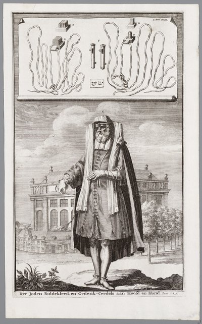 Homme juif, habillé pour la prière. En arrière-plan, la synagogue portugaise d