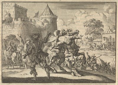 Le commandant impérial Dampier tombe de son cheval après un tir depuis les murs de Presbourg (Bratislava), 1620 - Jan Luyken
