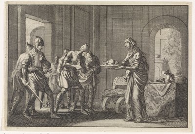 Une mère montre aux guerriers les restes de son enfant mangé pendant la famine à Jérusalem, 1704 - Jan Luyken