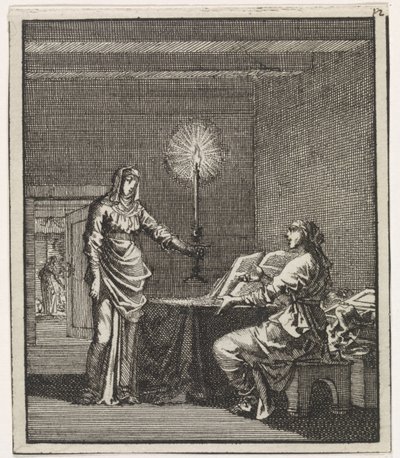 Femme éclairant une femme lisant dans une pièce sombre avec une bougie - Jan Luyken