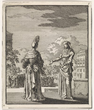 Femme montrant à une dame un cortège funèbre passant - Jan Luyken