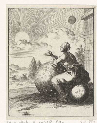 Femme assise sur un globe terrestre et appuyée sur un globe céleste regardant le coucher du soleil - Jan Luyken