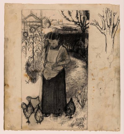 Annie Mankes-Zernike nourrissant des poules, à droite : études d