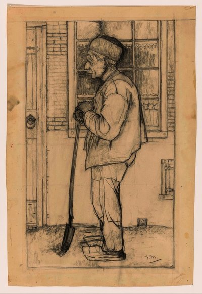 Douwe de profil, tenant une pelle devant une maison - Jan Mankes