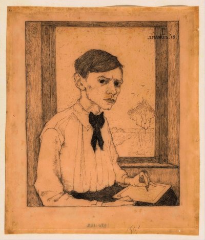 Autoportrait, trois quarts à droite, dessinant devant la fenêtre - Jan Mankes