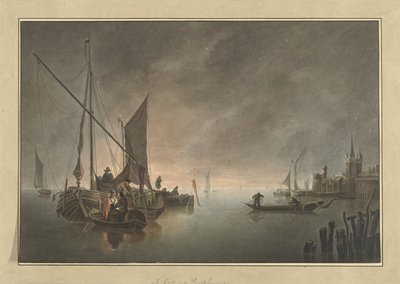Navires devant une ville fortifiée au coucher du soleil - Jan Matthias Cok