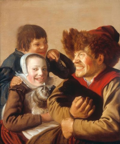 Un homme montrant les dents avec un chien et une fille avec un chat - Jan Miense Molenaer