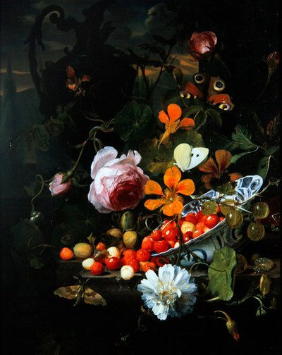 Nature morte de fraises dans un bol et de fleurs - Jan Mortel