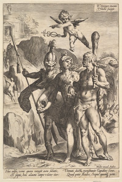 Hercule montrant la route montagneuse vers le temple de la renommée immortelle dans la Compan... - Jan Muller