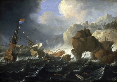 Un navire hollandais et un galion échoués sur une côte rocheuse dans la tempête. Huile sur bois, par Jan Peeters (1624-1677). - Jan Peeters