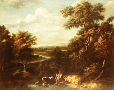 Paysage boisé étendu avec un berger et une paysanne - Jan Philip Spalthof