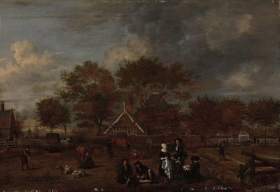 Ferme avec le gentilhomme fermier et sa femme et le peintre au premier plan - Jan Pietersz Opperdoes