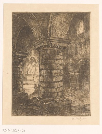 Moine allongé dans une église - Jan Poortenaar (signed by artist)