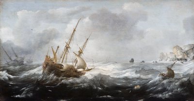 Navires dans une tempête sur une côte rocheuse - Jan Porcellis