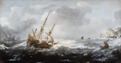 Navires dans une tempête sur une côte rocheuse - Jan Porcellis