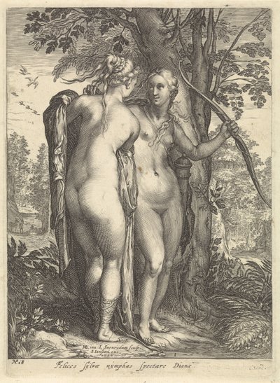 Diane et une nymphe devant un arbre (Diana en haar nimfen) - Jan Saenredam