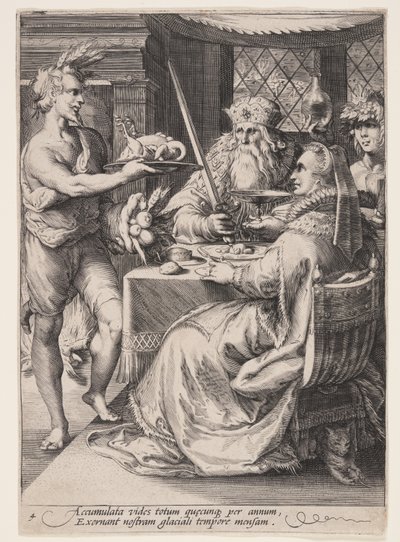 Hiver (Banquet avec Bacchus attendant un couple de personnes âgées), extrait des Quatre Saisons - Jan Saenredam