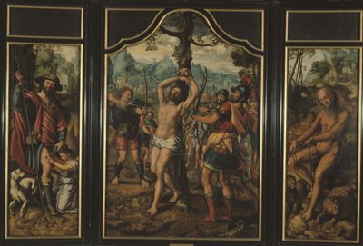 Triptyque du Martyre de Saint Sébastien (panneau central) : Saint Roch (panneau gauche), Saint Onuphre (panneau droit), Saint Pierre (verso du panneau droit), Saint Étienne (verso du panneau gauche), entre 1525 et 1566 - Jan Sanders van Hemessen
