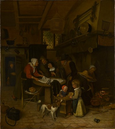 Scène dans une cuisine paysanne avec une servante qui étend le linge - Jan Steen