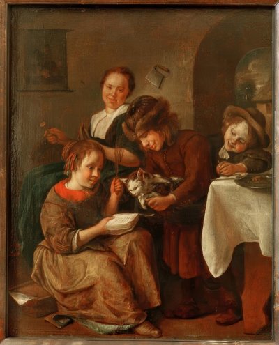 Des enfants apprennent à un chat à lire - Jan Havickszoon Steen
