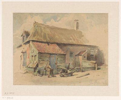 Maison paysanne avec une annexe en bois, devant une brouette et une meule - Jan Striening