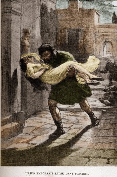 Ursus emmenant Lygie dans la Suburre (chapitre X) illustration par JAN STYKA (1858-1925) pour le roman de Henryk Sienkiewicz « Quo Vadis » - Jan Styka