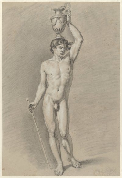 Homme nu debout avec un vase sur la tête - Jan Swart