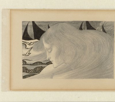 Jeune femme aux cheveux ondulés devant une mer avec des navires - Jan Toorop
