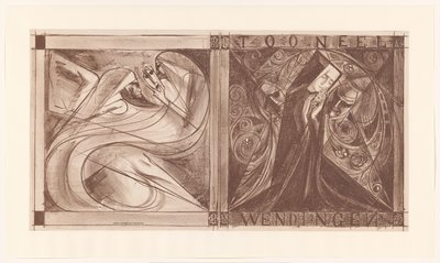 Couverture pour Wendingen avec une nonne avec des fleurs et deux esprits, dont un avec un masque à la main - Jan Toorop